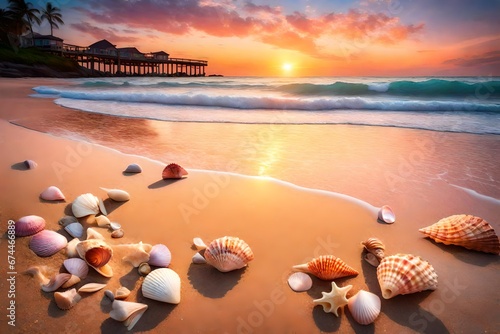 A serene beach at sunset, with gentle waves, a colorful sky, and seashells scattered along the shore. --