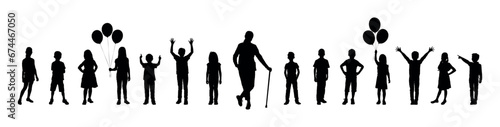 Grandmother with cane standing together with grandchildren bonding together vector silhouette.