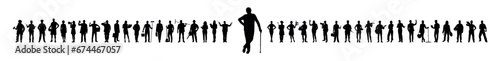 Grandfather with quad cane walking stick standing in front of group young people with various jobs or occupations vector silhouettes set.