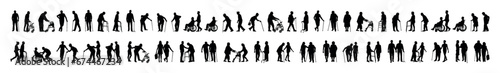 Group of elderly people with walking aids in different poses vector silhouette set collection.
