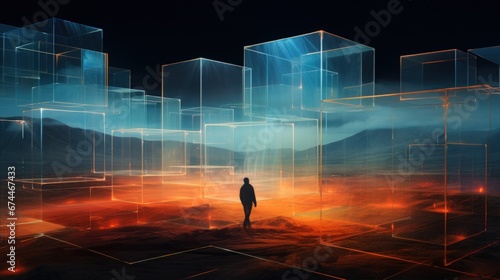 Neon Mirage: A Lone Explorer Amongst Surreal Cubes photo