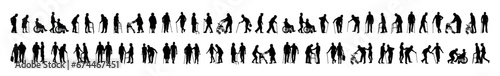 Group of elderly people with walking aids in various poses vector silhouettes set. Caregiver nurse helping senior people walking using walking aid silhouette set collection. 