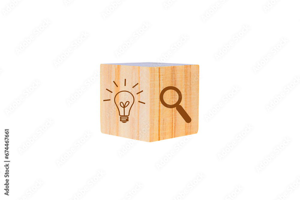 wooden blocks with thinking and search icon. Concept for creative and design solution. isolated on white background. PNG wooden blocks with thinking and search icon. Concept for creative and design solution. isolated on white background. PNG
