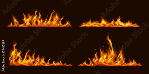 Tongue of flames and fire in line. Vector realistic bursts and blazing, isolated flare and burning sparks. Ignition or combustion effect, bonfire or catastrophe flashes and explosion