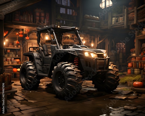 3D rendering of a monster truck in an old warehouse at night