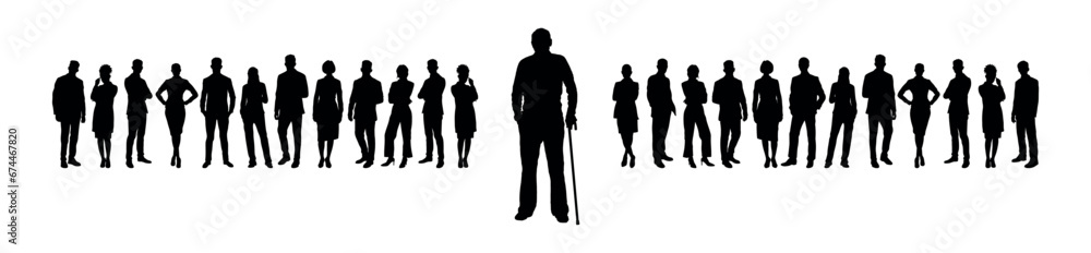 Pensioner old man standing in front of large group of business people silhouette.