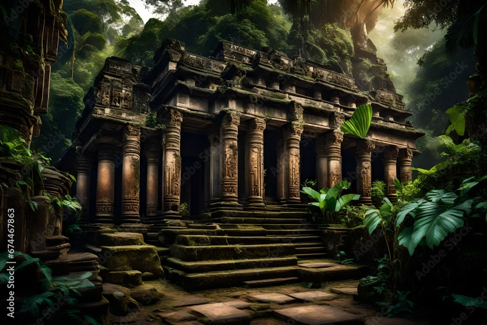 An ancient, mysterious temple ruins engulfed by lush tropical jungle, with ornate stone c An ancient, mysterious temple ruins engulfed by lush tropical jungle, with ornate stone c