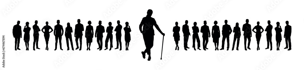 Pensioner woman with walking cane standing in front of group of business people vector silhouette.