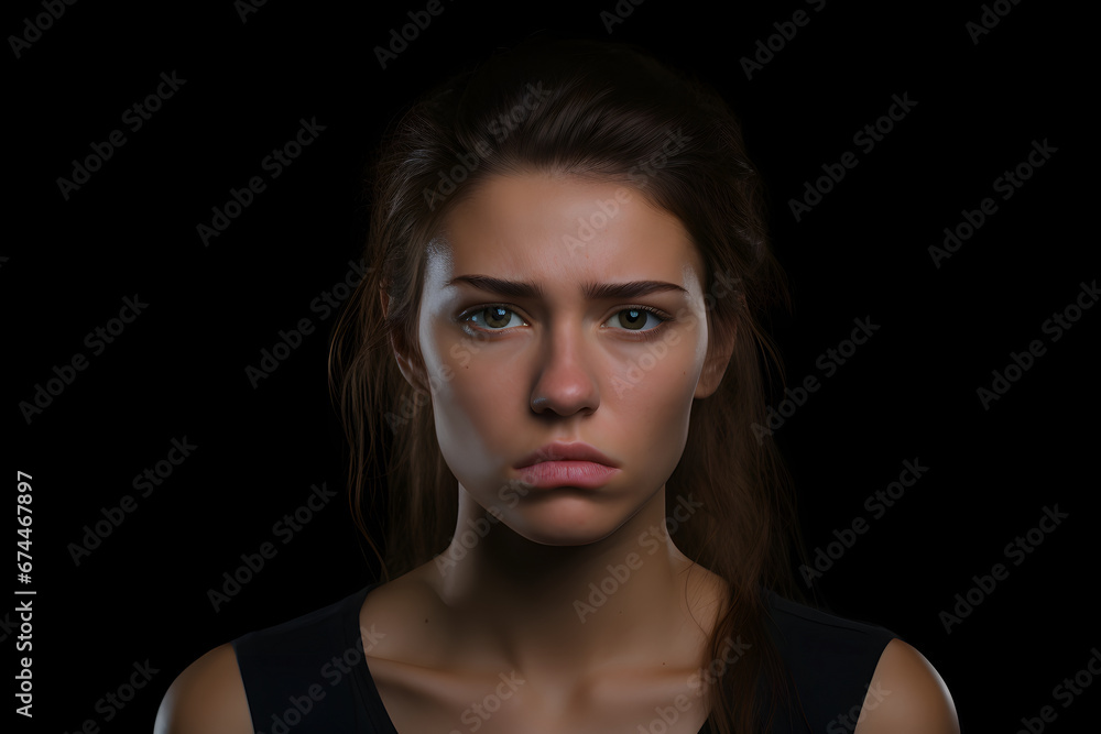 Fototapeta premium Sad young adult Caucasian woman on black background. Neural network generated image. Not based on any actual person or scene.