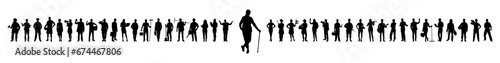 Old lady with walking stick standing in front of group people with various jobs or occupations vector silhouettes set.