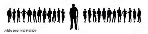 Pensioner old man standing in front of large group of business people silhouette.