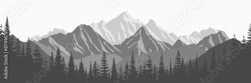 Silhouette mountain range and forest isolated on white background, vector design 
