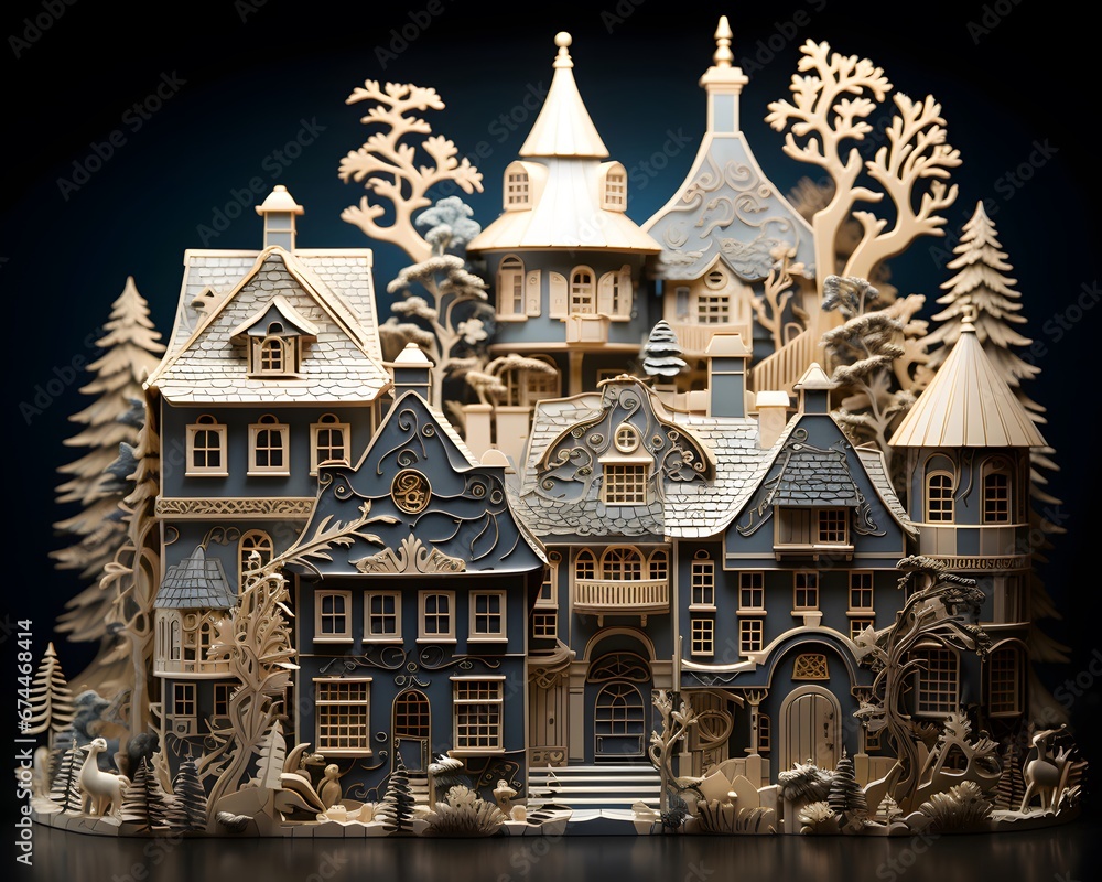 Christmas and New Year's toy houses on a dark background. 3d illustration