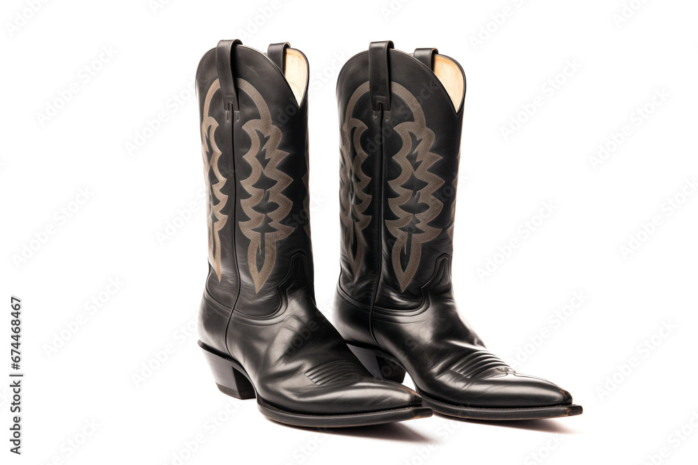 Pair of elaborate black cowboy or western boots cut out and isolated on a white background