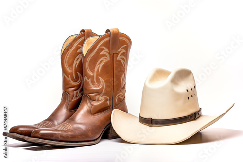 Pair of elaborate tan cowboy or western boots and stetson hat cut out and isolated on a white background
