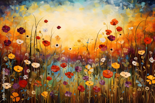 Autumn Meadow Dreamscape, Various Flower Plants in Nature, abstract landscape art, drawing, generative ai
