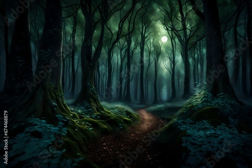 An enchanting  moonlit forest with ancient  towering trees and a path illuminated by the soft  silvery glow of fireflies. --