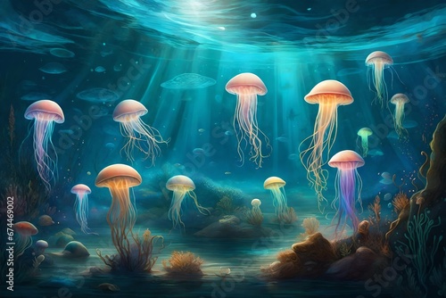 A surreal  underwater world with bioluminescent jellyfish and otherworldly sea creatures in a mesmerizing  illuminated seascape. --