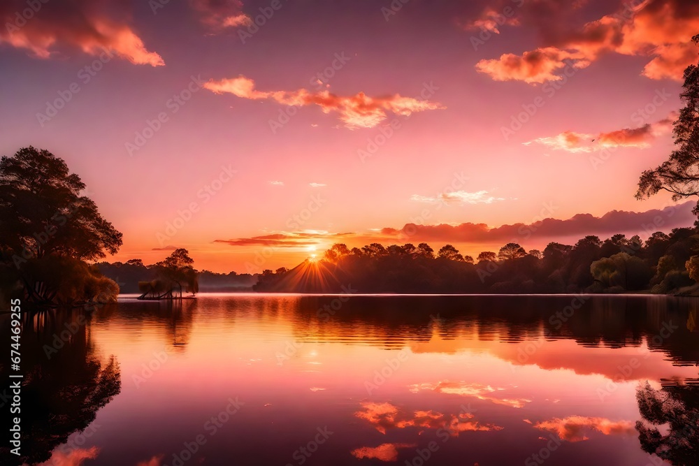 A mesmerizing sunrise over a serene lake, with the sky painted in w