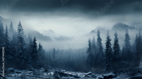 Winter landscape - Mystical Winter Mountains: Pine Forests, Snowflakes, and the Foggy Sky
