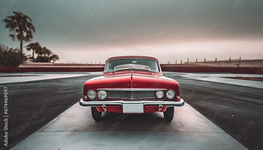 red classic car facing the camera, minimalist, deadpan, banal, cool, clinical, urban, iconic, conceptual, subversive, sparse, restrained, symbol - obrazy, fototapety, plakaty 
