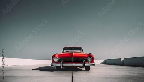 red classic car facing the camera, minimalist, deadpan, banal, cool, clinical, urban, iconic, conceptual, subversive, sparse, restrained, symbol photo