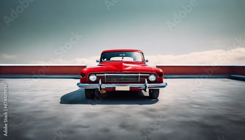 red classic car facing the camera  minimalist  deadpan  banal  cool  clinical  urban  iconic  conceptual  subversive  sparse  restrained  symbol