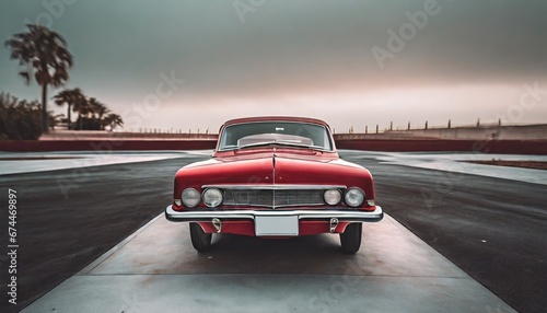 red classic car facing the camera, minimalist, deadpan, banal, cool, clinical, urban, iconic, conceptual, subversive, sparse, restrained, symbol © Monmeo