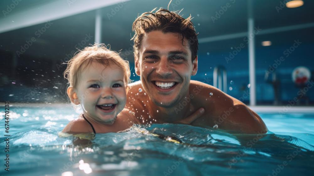 Portrait of happy father and son playing together in swimming pool. Spending quality time, lifestyle, family, summertime and vacation concept.