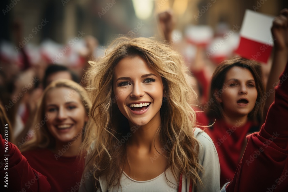 Obraz premium Young cheerful girl against the backdrop of crowd of young people marching along city street under red and white flags. Poland Independence Day. Patriotic concept with national state symbol.