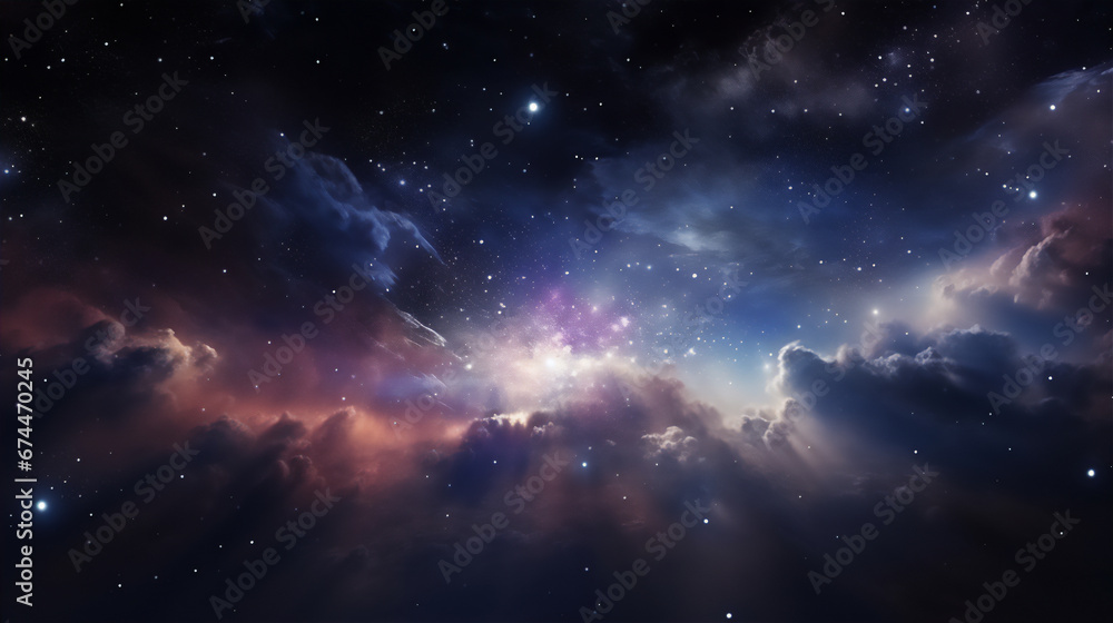 universe landscape full of shining and glowing stars and colorful nebula, hyper realistic, dramatic light and shadows, 