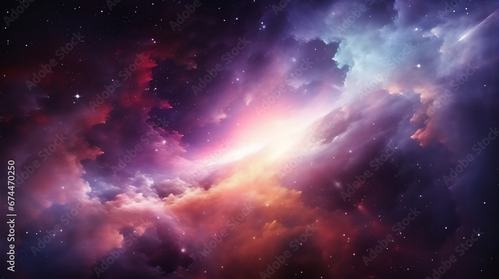 universe landscape full of shining and glowing stars and colorful nebula, hyper realistic, dramatic light and shadows, 