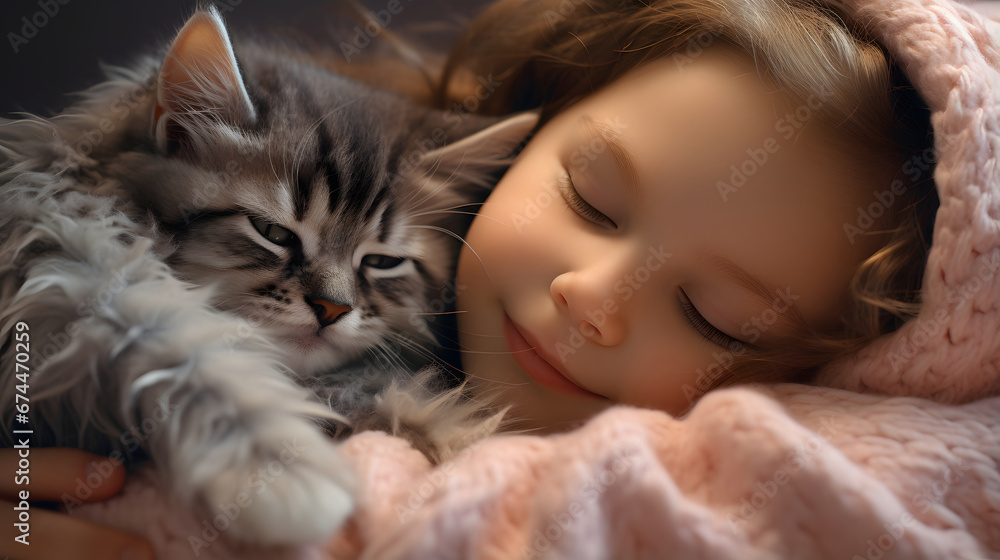 A girl and a cat sweetly sleep in bed, burying each other