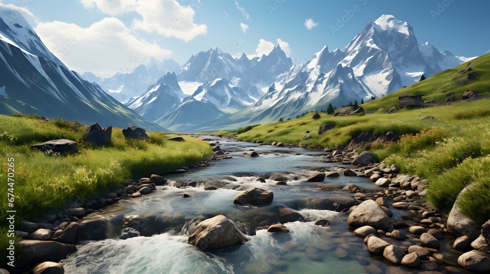 Panoramic view of snow capped mountain range and river in summer