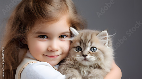 a little girl hugs a cute kitten, a child and a kitten, a beautiful girl smiles