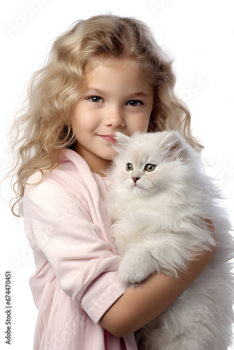 a little girl hugs a cute kitten, a child and a kitten, a beautiful girl smiles