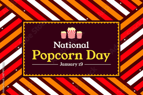 National Popcorn day wallpaper with coloful shapes, popcorn baskets and typography.
