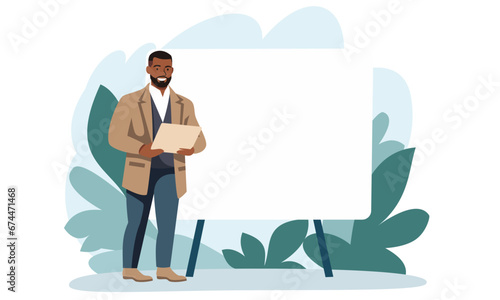 Flat vector illustration. Black man holding a laptop and giving a presentation. Large banner and space for your text. Vector illustration