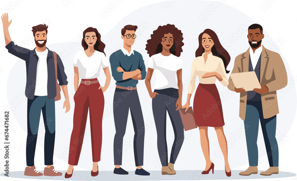 Obraz premium Flat vector illustration. Positive people of different genders and nationalities smiling and waving their hands in the air. Vector illustration