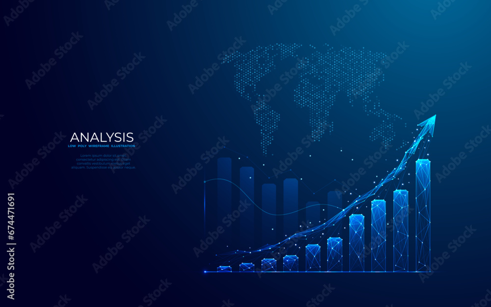 Digital growth graph chart on technology map. Abstract business analysis and stock market concept. Low poly wireframe vector illustration on dark background in futuristic light blue hologram style.