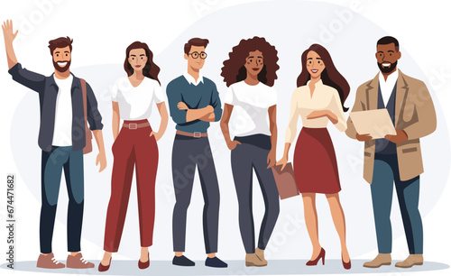 Flat vector illustration. Positive people of different genders and nationalities smiling and waving their hands in the air. Vector illustration