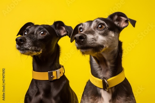 Two mutt dogs on yellow background photo