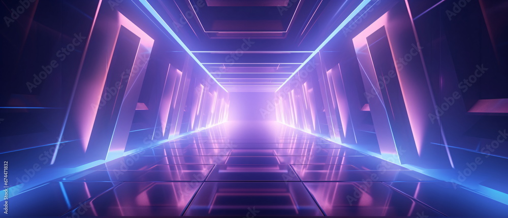 Fototapeta premium Neon corridor with lines glowing in ultraviolet light and purple neon scene . Neon geometric background with shapes with copy space for poster, website, brochure, banner, app. Generative ai