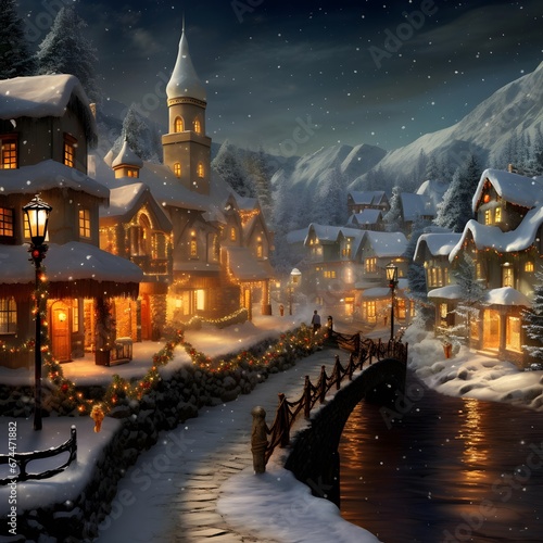 Winter night in the village. Christmas landscape. 3d illustration.