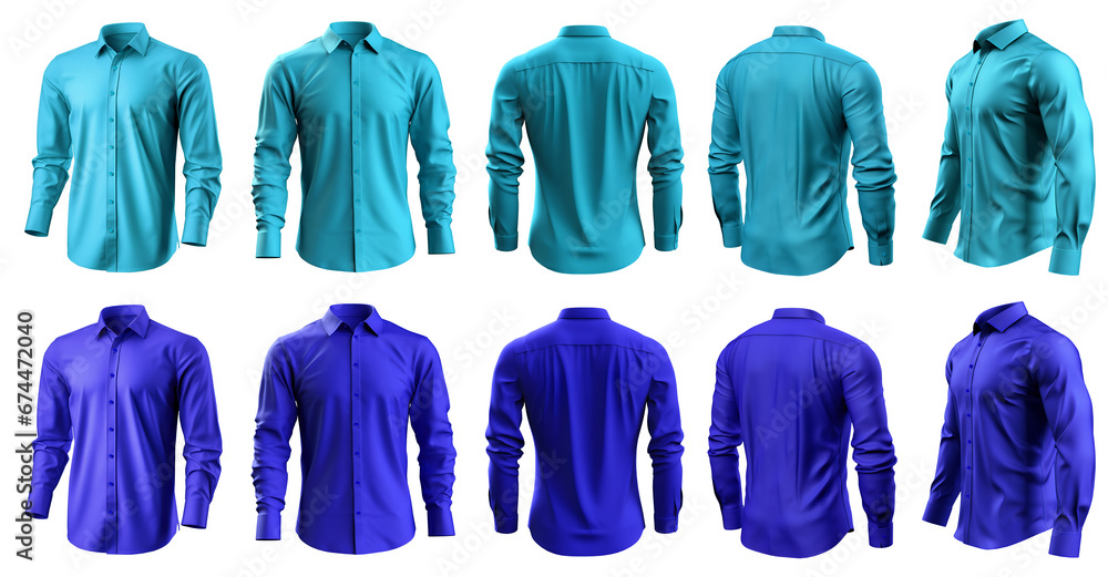 2 Set of dark light blue turquoise button up long sleeve collar shirt front, back and side view on transparent background cutout, PNG file. Mockup template for artwork graphic design 2 Set of dark light blue turquoise button up long sleeve collar shirt front, back and side view on transparent background cutout, PNG file. Mockup template for artwork graphic design