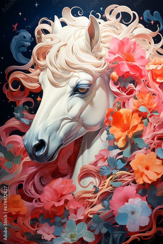 Image of white horse surrounded by pink and orange flowers.