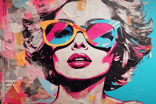 Abstract portrait of woman's face with sunglasses cut out of newspaper, pop art collage of pink female lips. Retro glamour vivid background.