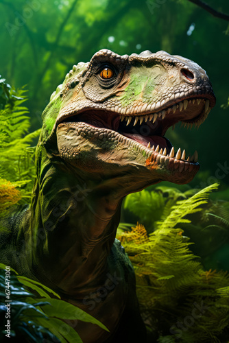 Close up of dinosaur in field of plants.