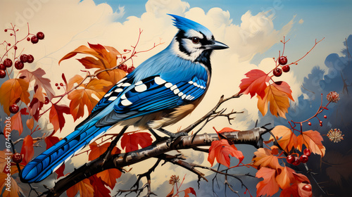 Image of blue jay perched on tree branch.