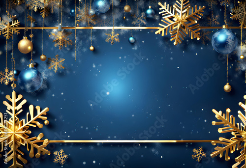 Blue sparkling Christmas and winter background with golden snowflakes,